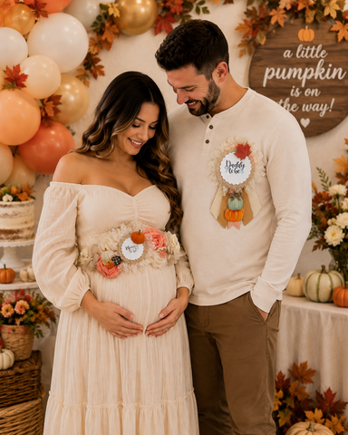 Fall Pumpkin Mommy to Be Sash & Daddy to Be Pin – Autumn Baby Shower Parents-to-Be Set