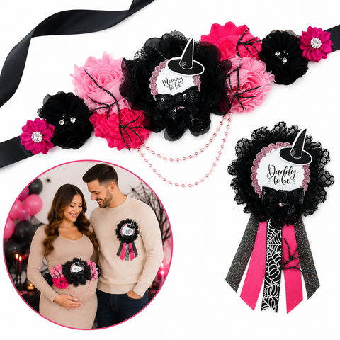 Pink & Black Witch Baby Shower Mommy to Be Sash & Daddy to Be Pin Set – Halloween Baby Shower
