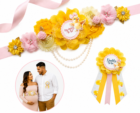 Easter Duckling Mommy to Be Sash & Daddy to Be Pin – Pink Yellow Bow Baby Shower Set