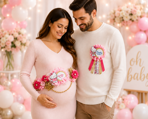 Pink and Gold Kitty Mommy-to-Be Sash & Daddy-to-Be Pin – Baby Shower Set