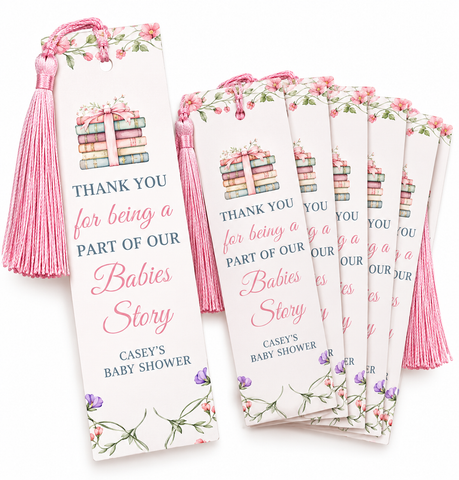 A Little Book for Baby Shower Bookmark Favors – Personalized Pink Floral Bookmarks with Tassels