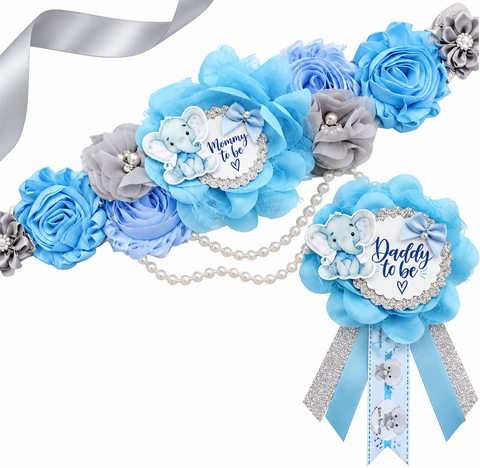 Blue Elephant Baby Shower Sash and Daddy to Be Pin Set, Mommy to Be Floral Sash, Boy Baby Shower Decorations, Elephant Baby Shower