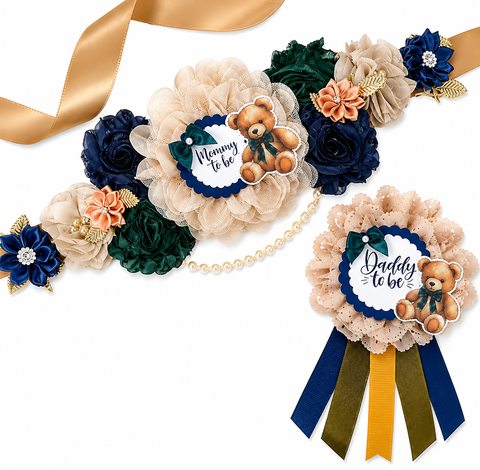 Navy Blue Teddy Bear Mommy-to-Be Sash & Daddy-to-Be Pin – Baby Shower Set