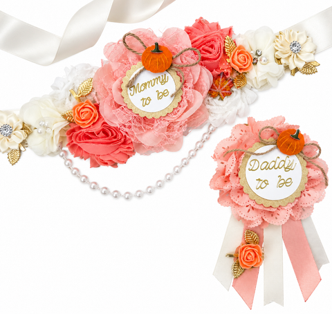 Fall Pumpkin Baby Shower Mommy-to-Be Sash and Daddy-to-Be Pin Set – Pink and Coral Floral Maternity Sash