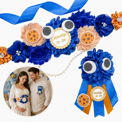 Cookie Monster Mommy to Be Sash & Daddy to Be Pin Set – Blue & Brown Cookie Baby Shower