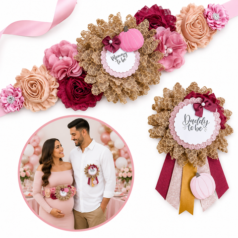 Pink Fall Pumpkin Baby Shower Mommy to be Sash and Daddy to be Pin