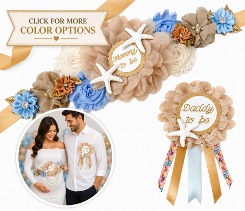 Coastal Starfish Mommy to Be Sash & Daddy to Be Pin Set – Beach Baby Shower