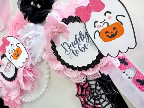 Pink Ghost “A Boo is Due” Baby Shower Sash & Pins – Halloween Mom-to-Be Set