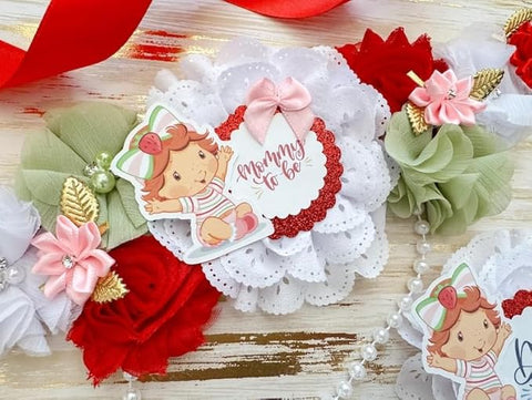 Strawberry Shortcake Baby Shower Sash & Pin Set – Mom-to-Be Party Accessories, Cute Dessert Theme