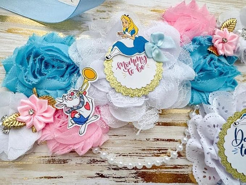 Whimsical Tea Party Baby Shower Sash – Mom to Be Maternity Sash with Matching Dad Pin, Storybook Theme Party Accessory