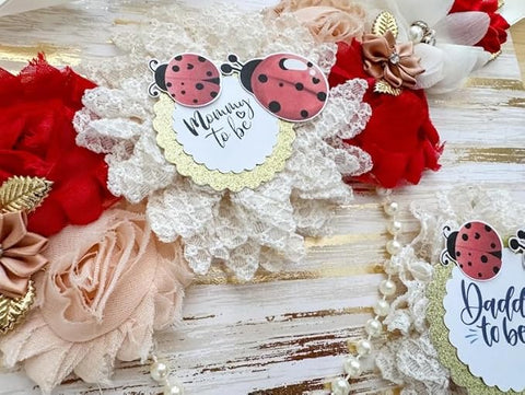 Ladybug Baby Shower Sash – Mom to Be Maternity Sash with Matching Dad Pin, Garden Theme Party Accessory