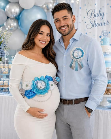 Blue Little Ghost Baby Shower Mommy to Be Sash & Daddy to Be Pin Set