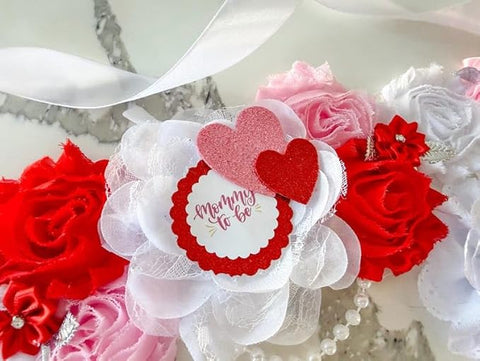 Valentine’s Sweetheart Mommy to Be Sash & Daddy to Be Pin Set – Red Pink White Baby Shower Gender Reveal Decorations