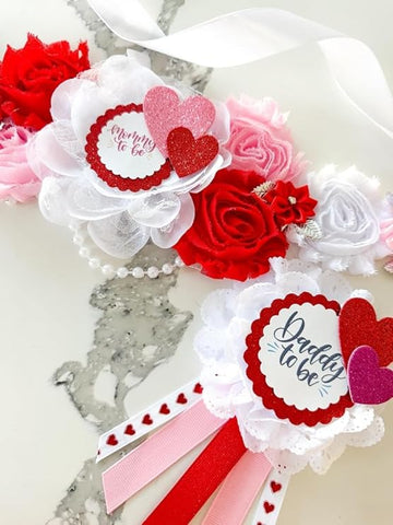 Valentine’s Sweetheart Mommy to Be Sash & Daddy to Be Pin Set – Red Pink White Baby Shower Gender Reveal Decorations