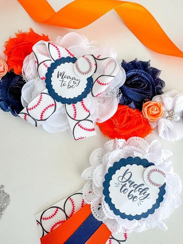 Baseball Baby Shower Sash – Mom to Be Maternity Sash with Matching Dad Pin, Sports Theme Party Accessory