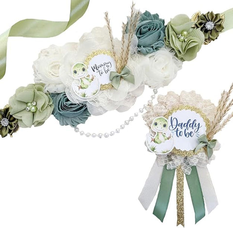 Sage Green Dinosaur Mommy to Be Sash & Daddy to Be Pin – Dino Baby Shower Set