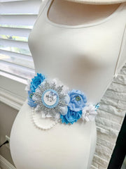 Blue Snow Snowflake Baby Shower Mommy to be Sash