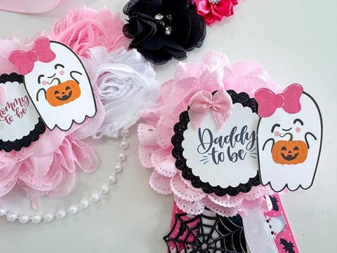 Pink Ghost “A Boo is Due” Baby Shower Sash & Pins – Halloween Mom-to-Be Set