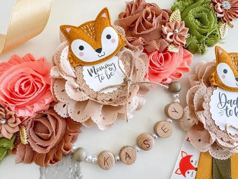 Fox Baby Shower Sash – Mom to Be Maternity Sash with Matching Dad Pin, Woodland Theme Party Accessory