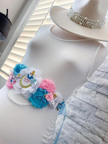 Whimsical Tea Party Baby Shower Sash – Mom to Be Maternity Sash with Matching Dad Pin, Storybook Theme Party Accessory