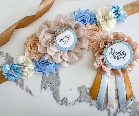 Blue Gold Brown Boho Baby Shower Mom to be Sash