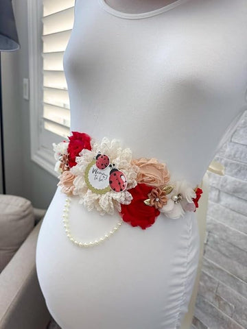 Ladybug Baby Shower Sash – Mom to Be Maternity Sash with Matching Dad Pin, Garden Theme Party Accessory