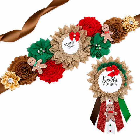 Gingerbread Baby Shower Sash Set – Mommy & Daddy To Be Holiday Ribbons with Christmas Theme & Gingerbread Pins