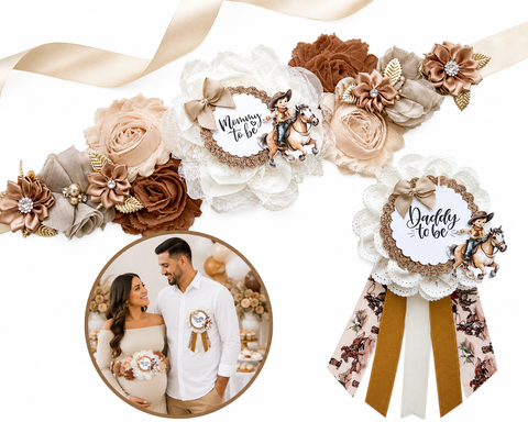 Rustic Western Mommy & Daddy to Be Badge Set – Cowboy Baby Shower Decorations with Horse Theme – Neutral Floral Ribbons with Gold Accents – Gender Reveal Party Keepsake for Parents