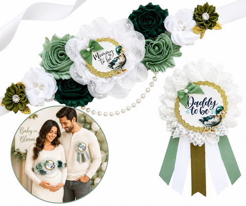 Duck Hunting Baby Shower Mommy to Be Sash & Daddy to Be Pin – Green Mallard Maternity Set