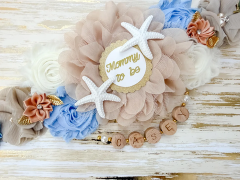 Coastal Starfish Mommy to Be Sash & Daddy to Be Pin Set – Beach Baby Shower