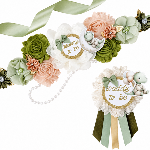 Dinosaur Mommy to Be Sash & Daddy to Be Pin Set – Sage Green & Peach Baby Shower Accessories