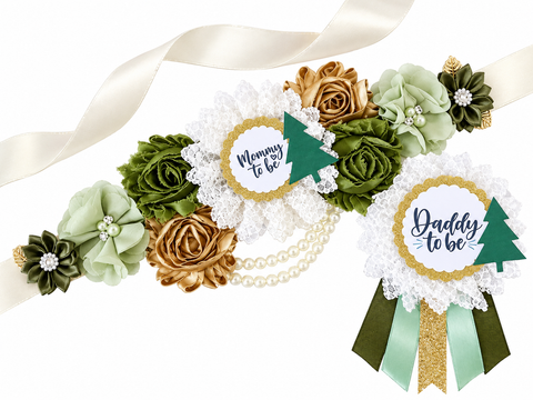 Christmas Tree Mommy to Be Sash and Daddy to Be Pin Set – Green and Gold Winter Baby Shower