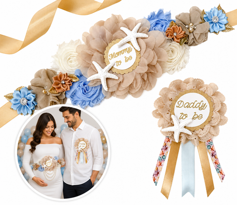 Coastal Starfish Mommy to Be Sash & Daddy to Be Pin Set – Beach Baby Shower