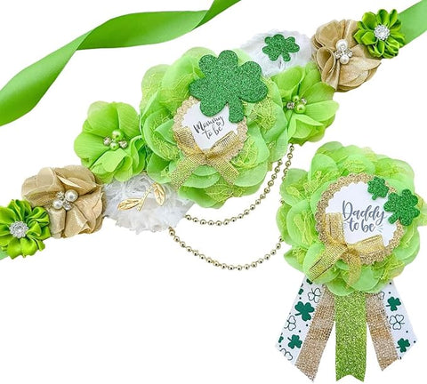 St. Patrick’s Day Mommy To Be Sash & Daddy To Be Pin – Irish Clover Baby Shower Decorations, Lucky Gender Reveal Party Accessories in Green & Gold