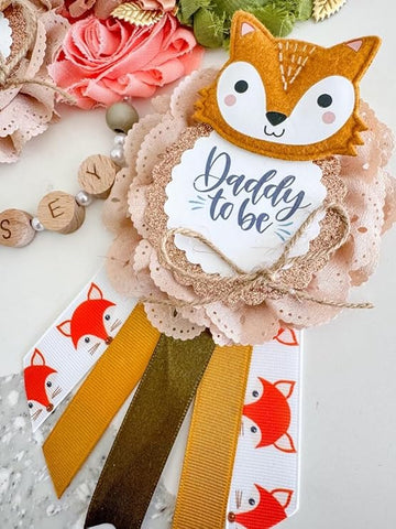 Fox Baby Shower Sash – Mom to Be Maternity Sash with Matching Dad Pin, Woodland Theme Party Accessory