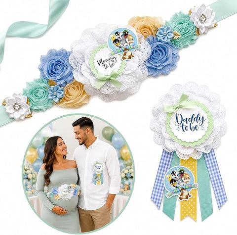 Looney Mom To Be Sash & Daddy To Be Pin – Blue & Mint Tunes Baby Boy Shower Decorations, Gender Reveal Party Accessories, Parents To Be Keepsake