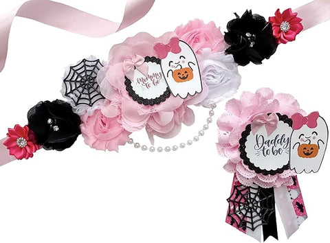 Pink Ghost “A Boo is Due” Baby Shower Sash & Pins – Halloween Mom-to-Be Set