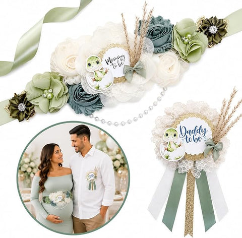 Sage Green Dinosaur Mommy to Be Sash & Daddy to Be Pin – Dino Baby Shower Set