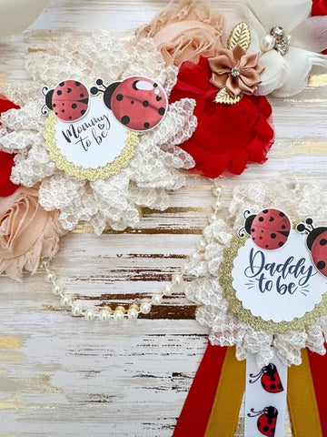 Ladybug Baby Shower Sash – Mom to Be Maternity Sash with Matching Dad Pin, Garden Theme Party Accessory