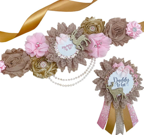 Oh Deer Baby Shower Sash Set – Pink Mommy & Daddy To Be Ribbons with Glittery Deer Theme for Gender Reveal & Holiday Shower