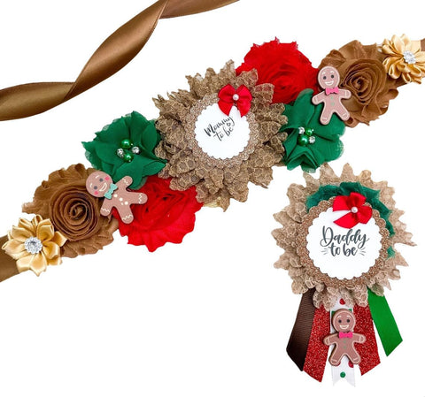 Gingerbread Baby Shower Sash Set – Mommy & Daddy To Be Holiday Ribbons with Christmas Theme & Gingerbread Pins