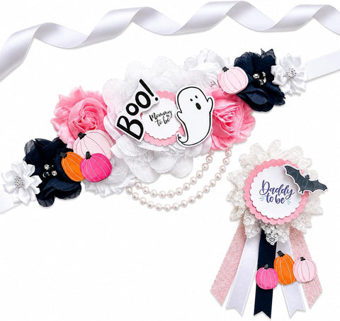 Little Boo Baby Shower Mommy to Be Sash & Daddy to Be Pin – Pink Ghost & Pumpkin Halloween Set