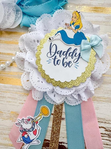Whimsical Tea Party Baby Shower Sash – Mom to Be Maternity Sash with Matching Dad Pin, Storybook Theme Party Accessory