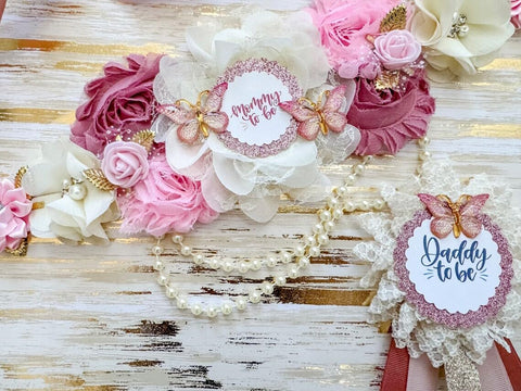 Pink and Gold Butterfly Baby Shower Mommy to be Sash