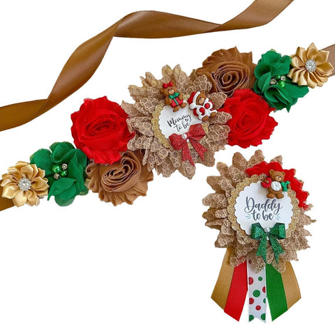 Christmas Teddy Bear Baby Shower Sash Set – Mommy & Daddy To Be Holiday Ribbons with Festive Teddy Bear Theme & Pins