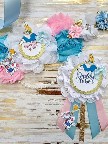 Whimsical Tea Party Baby Shower Sash – Mom to Be Maternity Sash with Matching Dad Pin, Storybook Theme Party Accessory