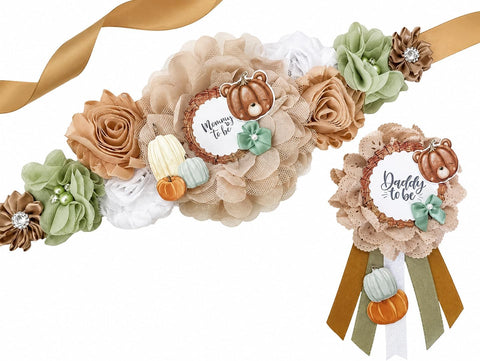 Fall Pumpkin Mommy-to-Be Sash & Daddy-to-Be Pin – Neutral Sage Baby Shower Set