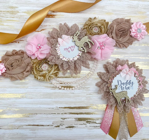 Oh Deer Baby Shower Sash Set – Pink Mommy & Daddy To Be Ribbons with Glittery Deer Theme for Gender Reveal & Holiday Shower