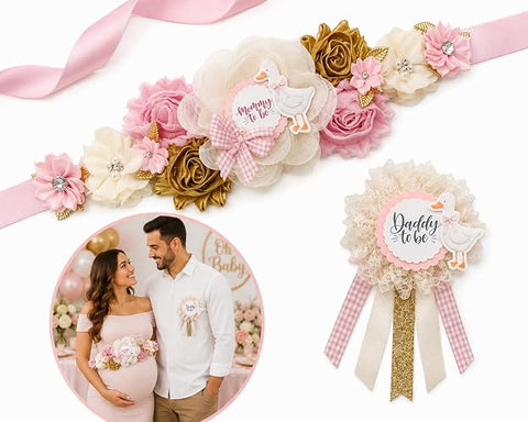 Pink Goose Mommy to Be Sash & Daddy to Be Pin Set – Baby Shower Maternity Sash