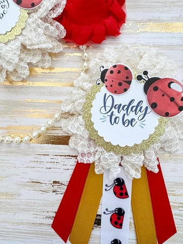 Ladybug Baby Shower Sash – Mom to Be Maternity Sash with Matching Dad Pin, Garden Theme Party Accessory